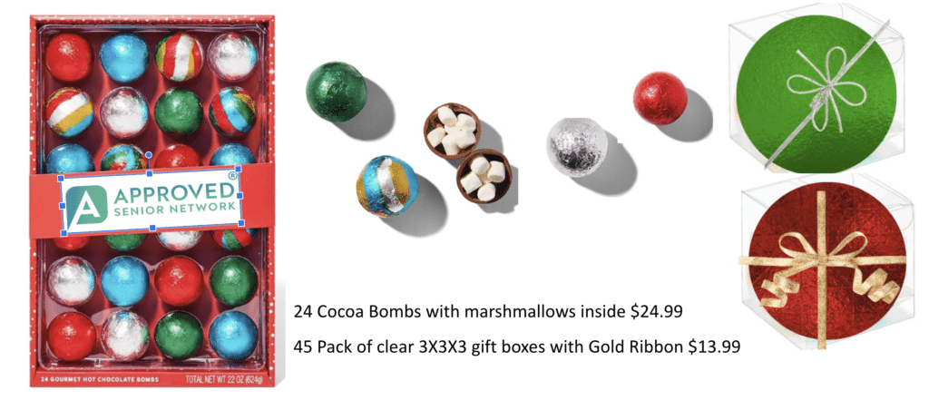 24 Cocoa Bombs with marshmallows inside $24.99
45 Pack of clear 3X3X3 gift boxes with Gold Ribbon $13.99
